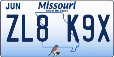 MO license plate ZL8K9X