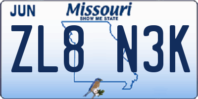 MO license plate ZL8N3K