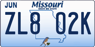 MO license plate ZL8O2K