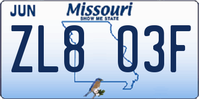 MO license plate ZL8O3F