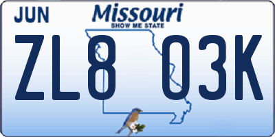 MO license plate ZL8O3K