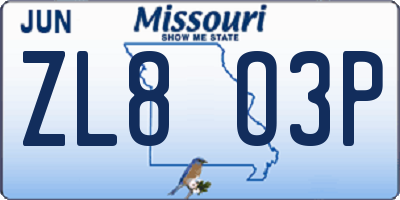 MO license plate ZL8O3P