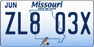 MO license plate ZL8O3X