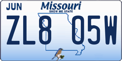 MO license plate ZL8O5W