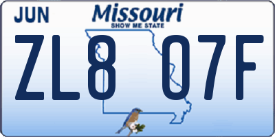 MO license plate ZL8O7F