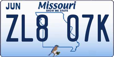 MO license plate ZL8O7K