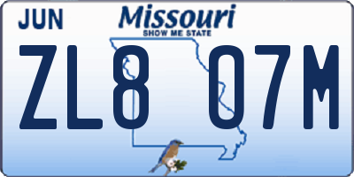 MO license plate ZL8O7M