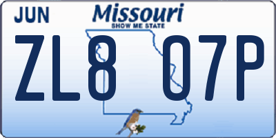 MO license plate ZL8O7P