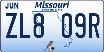 MO license plate ZL8O9R