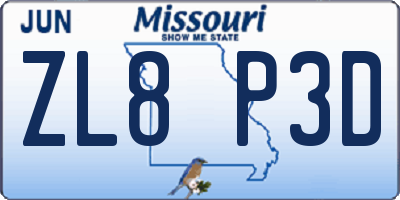 MO license plate ZL8P3D