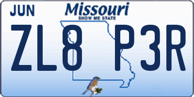 MO license plate ZL8P3R