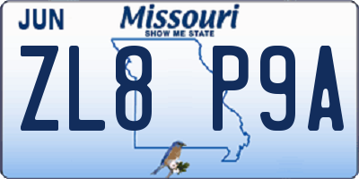 MO license plate ZL8P9A