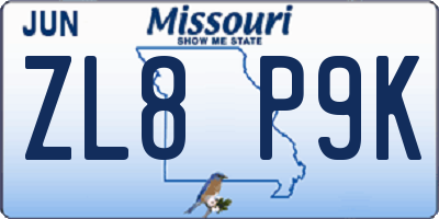 MO license plate ZL8P9K