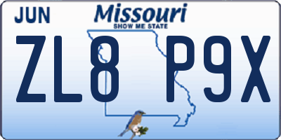 MO license plate ZL8P9X