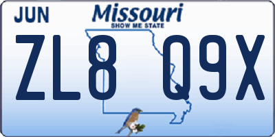 MO license plate ZL8Q9X