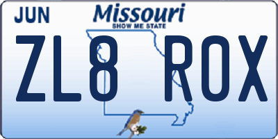 MO license plate ZL8R0X