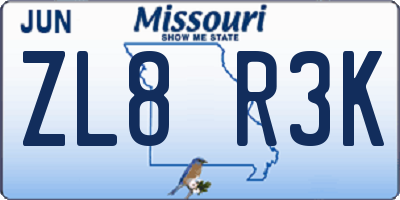 MO license plate ZL8R3K