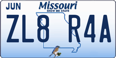 MO license plate ZL8R4A