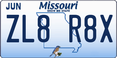 MO license plate ZL8R8X