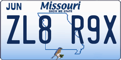 MO license plate ZL8R9X