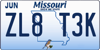 MO license plate ZL8T3K
