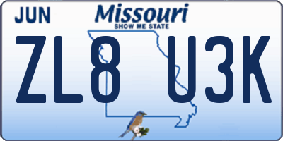 MO license plate ZL8U3K