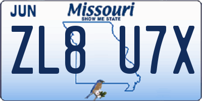 MO license plate ZL8U7X
