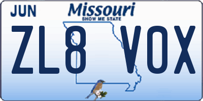 MO license plate ZL8V0X