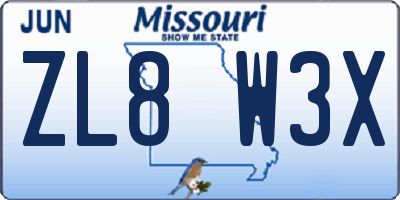 MO license plate ZL8W3X