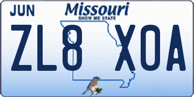 MO license plate ZL8X0A