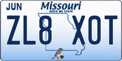 MO license plate ZL8X0T