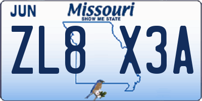 MO license plate ZL8X3A