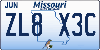 MO license plate ZL8X3C