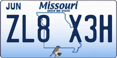 MO license plate ZL8X3H