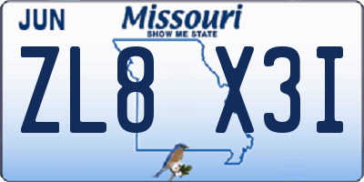 MO license plate ZL8X3I