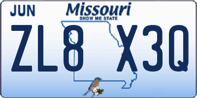 MO license plate ZL8X3Q
