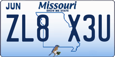 MO license plate ZL8X3U