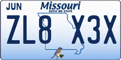 MO license plate ZL8X3X