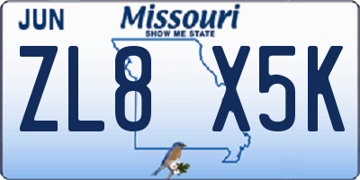 MO license plate ZL8X5K