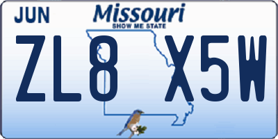 MO license plate ZL8X5W