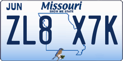 MO license plate ZL8X7K