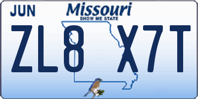 MO license plate ZL8X7T