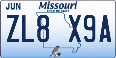 MO license plate ZL8X9A