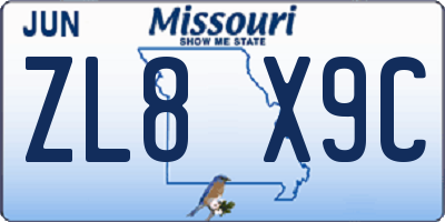 MO license plate ZL8X9C