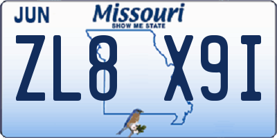 MO license plate ZL8X9I