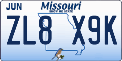 MO license plate ZL8X9K