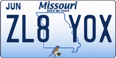 MO license plate ZL8Y0X