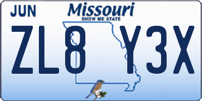 MO license plate ZL8Y3X