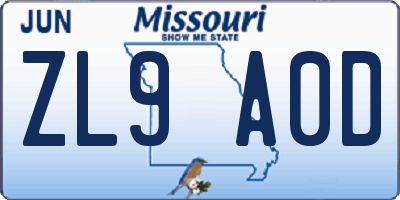 MO license plate ZL9A0D