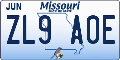 MO license plate ZL9A0E